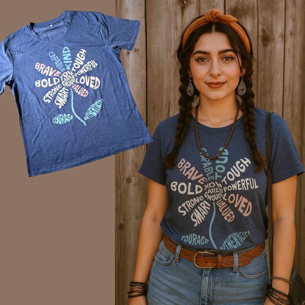 Floral Inspirational Graphic T Shirt Size L You Are Enough Positive Word Art
